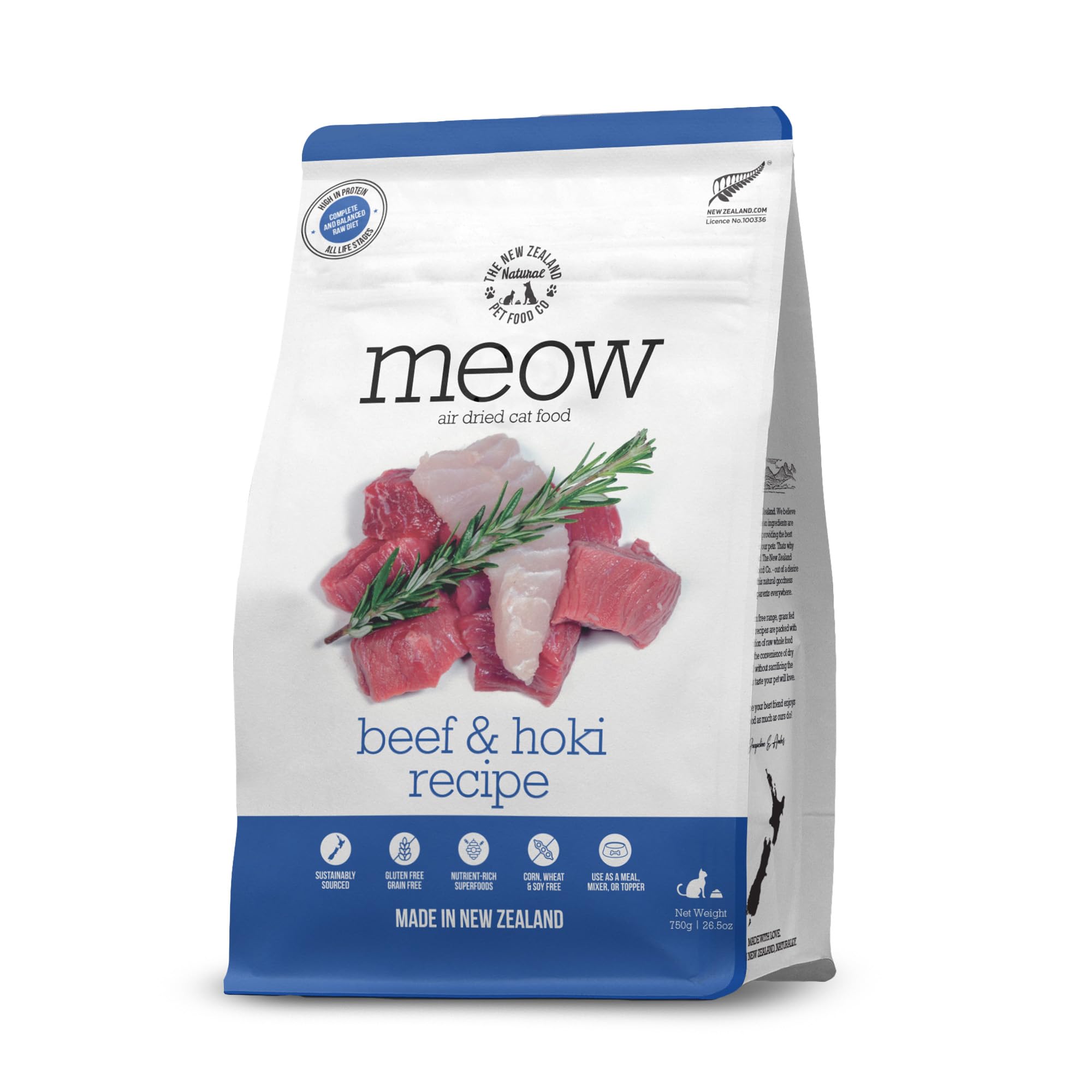 The New Zealand Natural Pet Food Co. Meow Air Dried Cat Food - Beef & Hoki Recipe - Topper, Mixer or as Cat Training Treats, All Life Stages - 26.5 oz