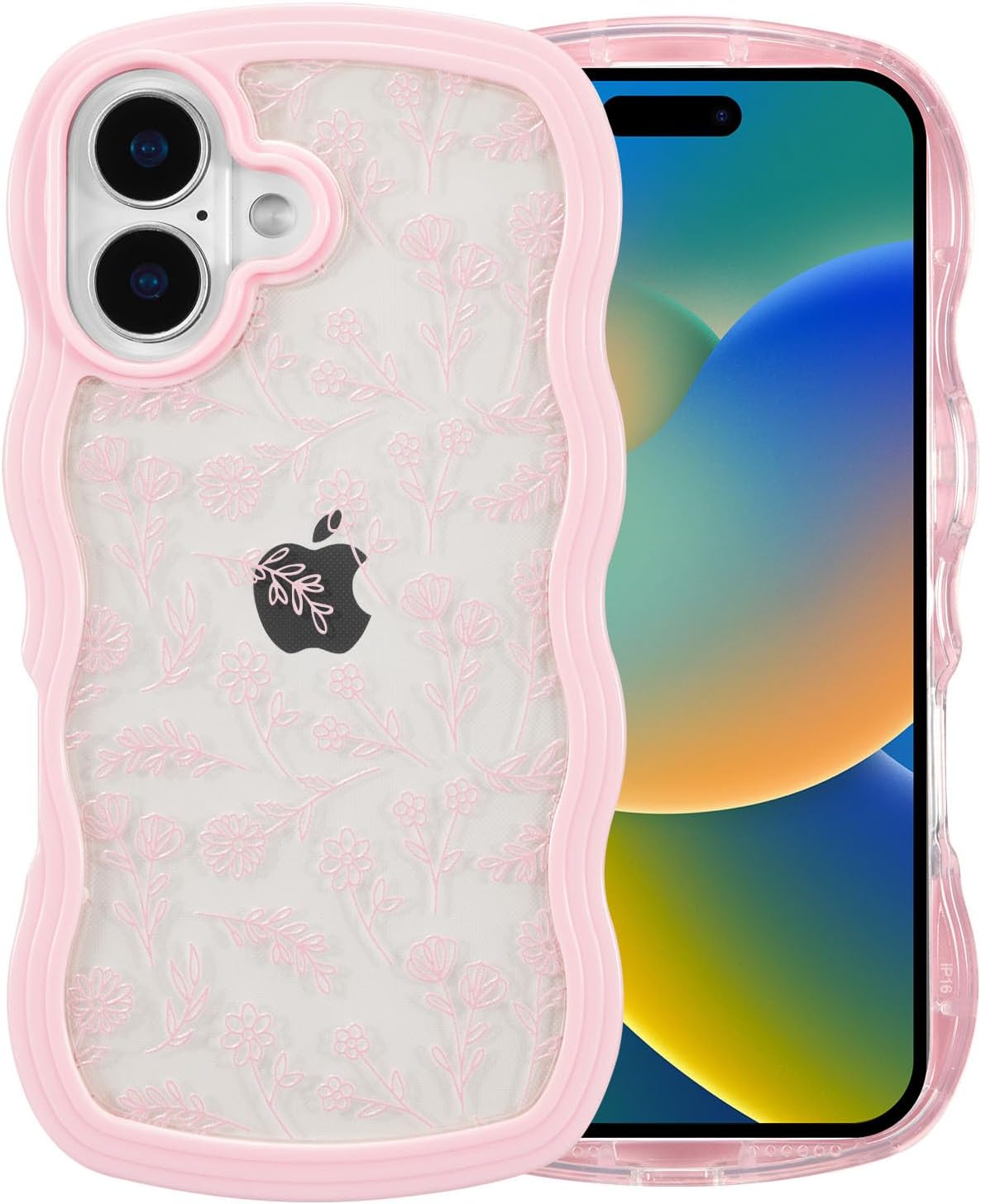 QLTYPRI Compatible with iPhone 16 Case, Cute Curly Wave Frame Clear Case for Girls Women, Flower Clear TPU Bumper Slim Soft Silicone Shockproof Protective Phone Cover for iPhone 16 - Pink Floral