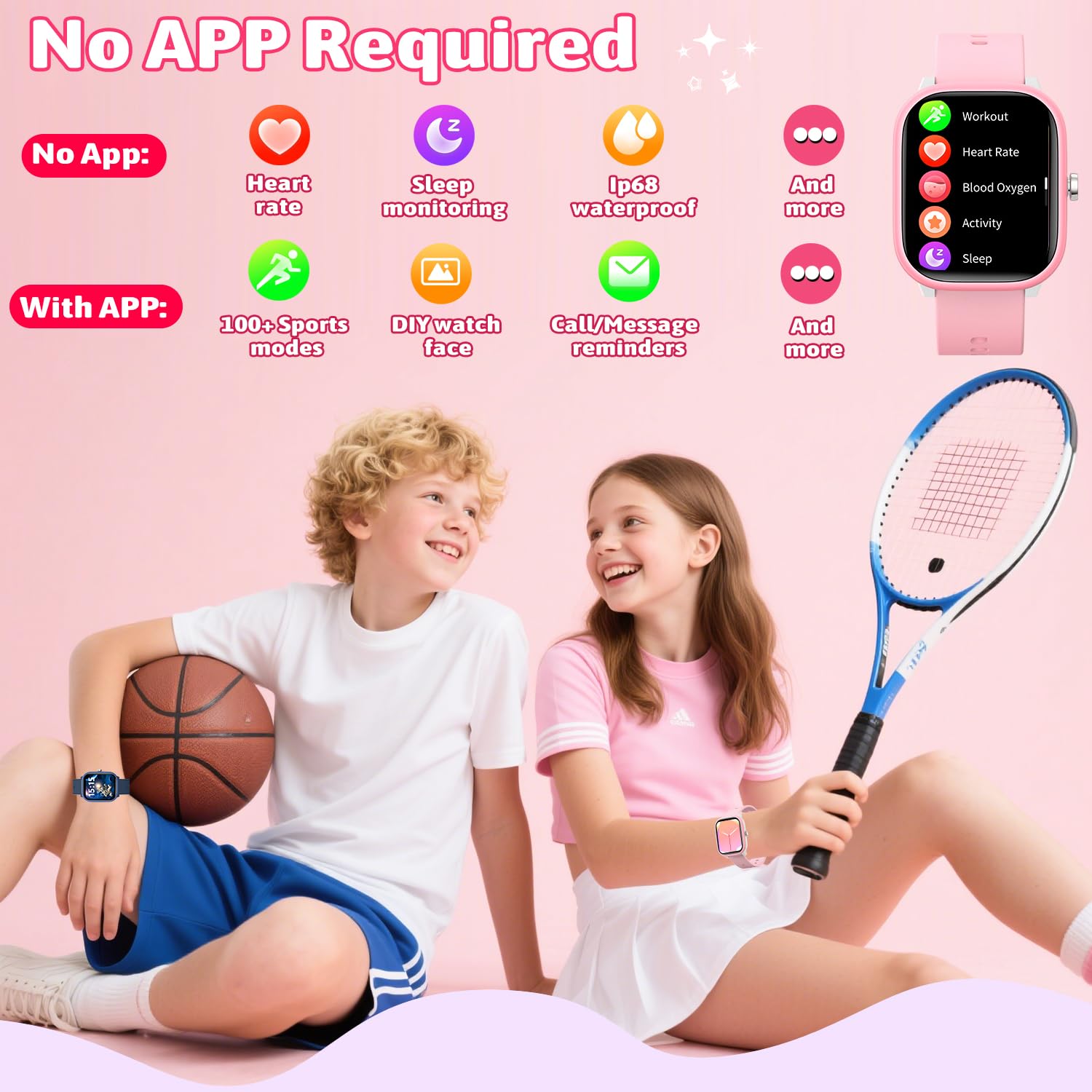 Fikami Montre Intelligente pour Enfants Filles garçons Pas d'APP Pas de téléphone nécessaire, 1,83" Fitness Tracker Sport Montre, fréquence Cardiaque,Compteur de Pas,16 jeuxpour Filles garçons 6-16