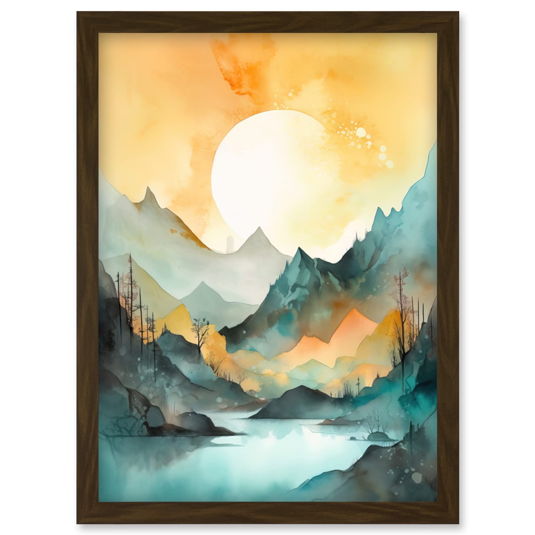 Sun Rising Over Mountain Lakeside Landscape Modern Framed Art Picture Print A4