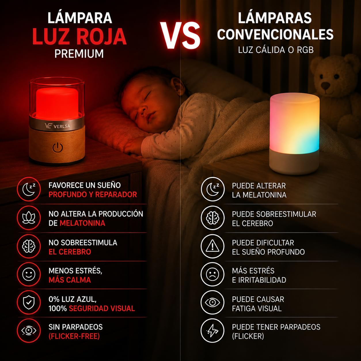 Lámpara Luz Roja Nocturna Melatonina, Terapia de Luz Roja 660nm - 0% Azul, Flicker-Free, Luz Nocturna Infantil/Adultos, Lamparas de Mesita de Noche- Recargable - Timer 30–60 min +Bolsa de Viaje