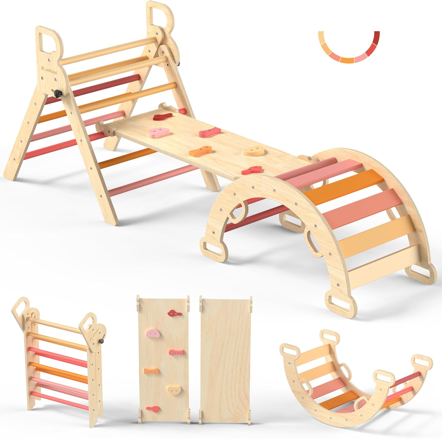 BlueWood Pikler Triangle Set, Toddler Wooden Climbing Toys Indoor 7in1 Foldable Climber for Kids, Montessori Philosophy Play Jungle Gym with Arch, Ramp, Ladder (Farm Charm Autumn)
