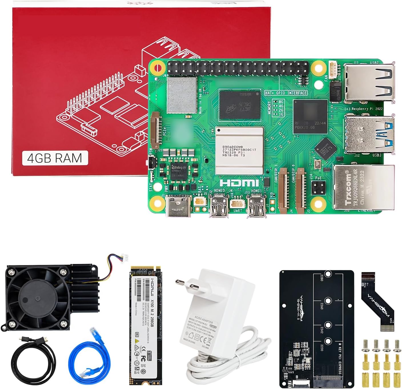 Yahboom Raspberry Pi5 Developer Kit 4GB + PD Power Adapter + Pi 5 Case Official Active Cooling + PCIe M.2 SSD + 256G SSD ROS2 System Ubuntu20.04 Suitable for AI Programming Python 4GB-PCIe M.2 SSD