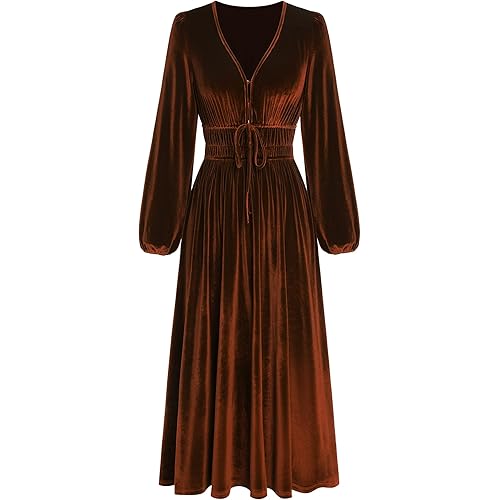 ZAFUL Womens Long Sleeve Velvet Dress 2025 Fall V Neck Holiday Cocktail Party Semi Formal Midi Dresses for Wedding Guest