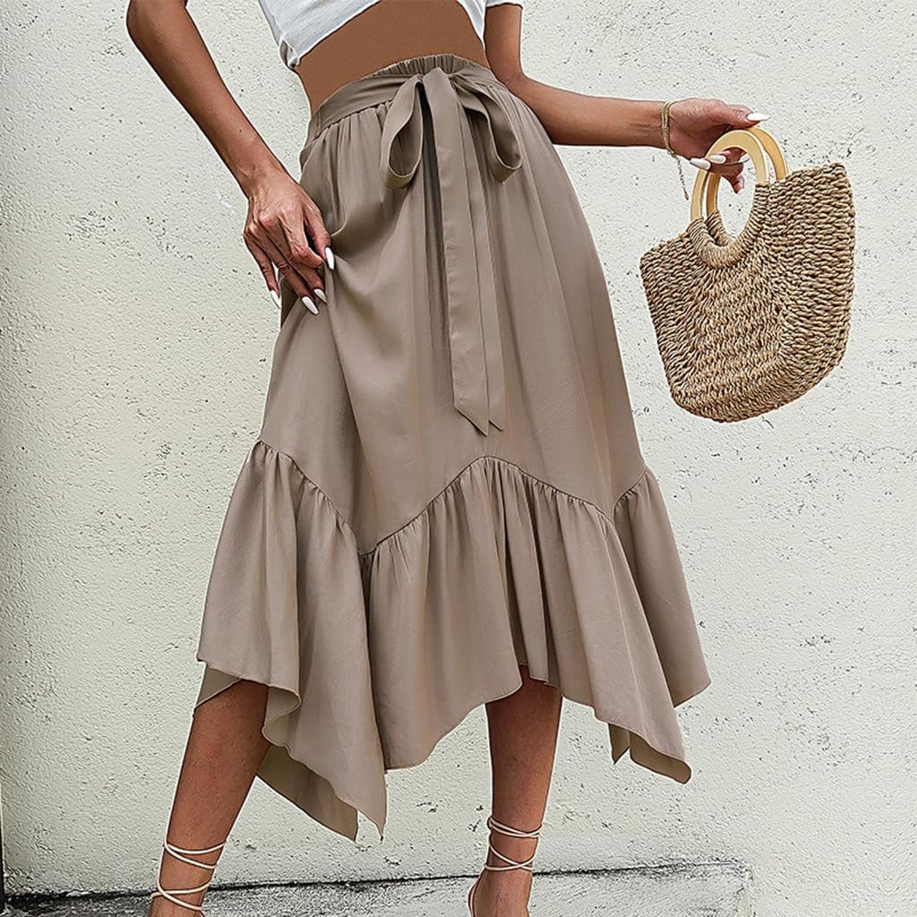 Lily Brown Women's Belted High Waist Midi Skirt Casual Asymmetrical Ruffle Hem Long Skirts Pleated A Line Cocktail Party Skirts Khaki