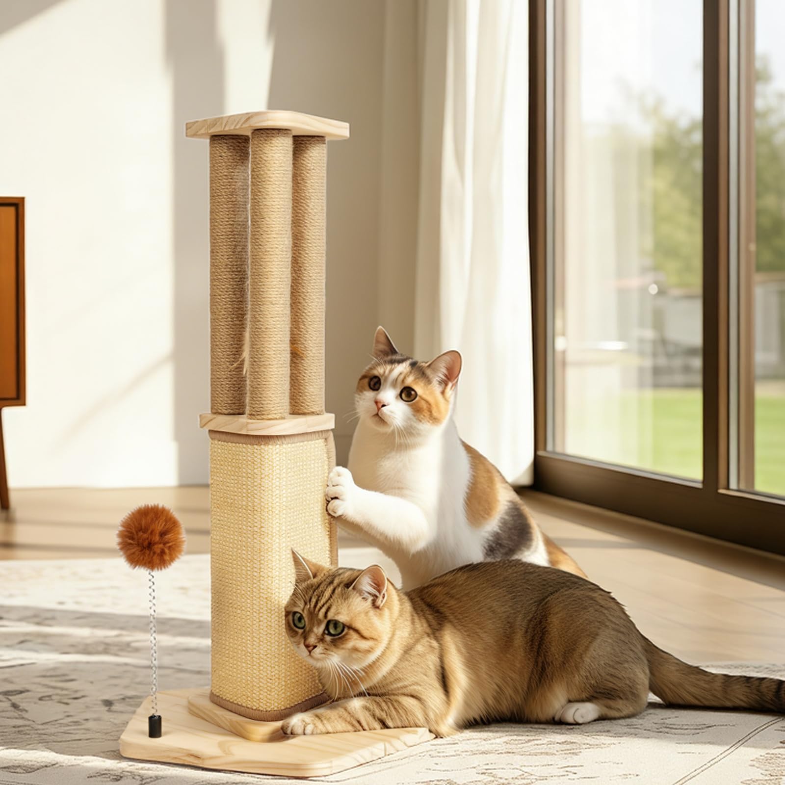 Pawtasy Rascador 67 cm Sisal con Pelota y Plumas para Gatos Interior | Rascador de sisal natural, estable y moderno, con pelota de peluche y plumas, pequeño árbol para gatos de interior