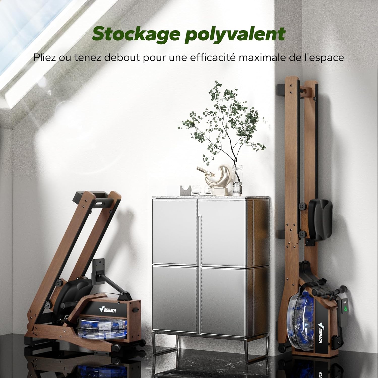 MERACH R23 Water Rower folded for vertical storage