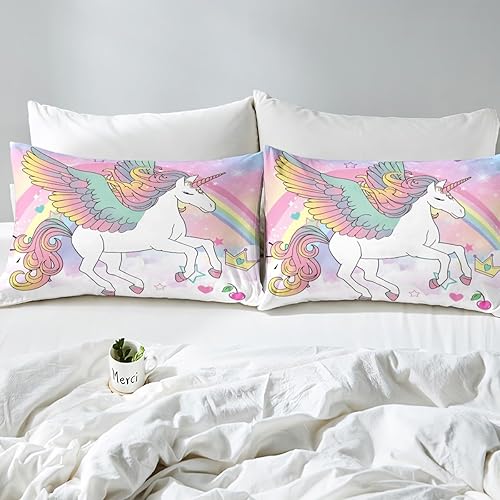 Miniatura 5 de Juego de sábanas bajeras de unicornio arcoíris, tamaño Queen, juego de ropa de cama de caballo de dibujos animados, juego de sábanas con purpurina