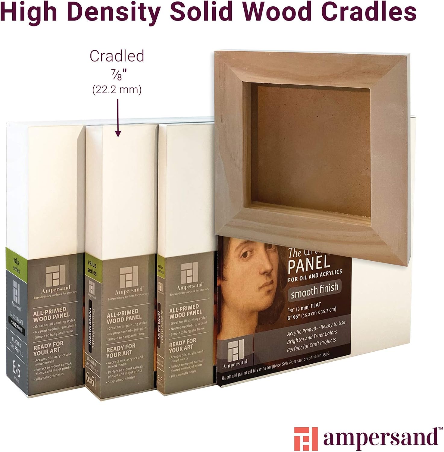 Ampersand Art Supply Primed Smooth Artist Panel | 8" x 10" | 7/8" Cradled Profile | Gessoed Wood Painting Panel for Oil, Acrylic & Mixed Media | Canvas Board & Wood Panel Alternative