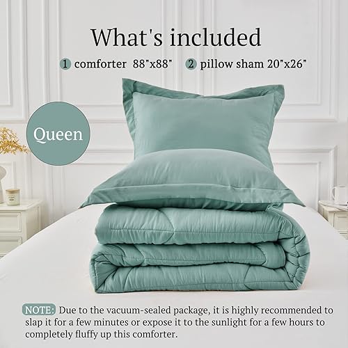 Miniatura 6 de MILDLY Juego de edredón Queen  Juego de edredón azul espuma de mar 100% microfibra lavada súper suave, 3 piezas, edredón acolchado alternativo