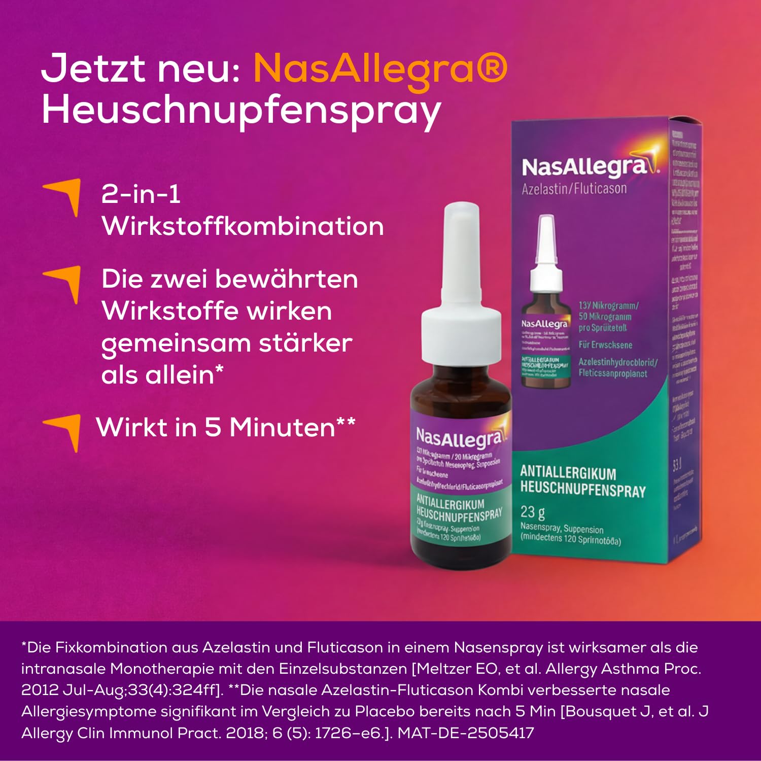 NasAllegra® Heuschnupfenspray | Antiallergikum | Erste rezeptfreie 2-in-1 Wirkstoffkombination aus Antihistaminikum + Glukokortikoid | Schnelle Wirkung in 5 Minuten*