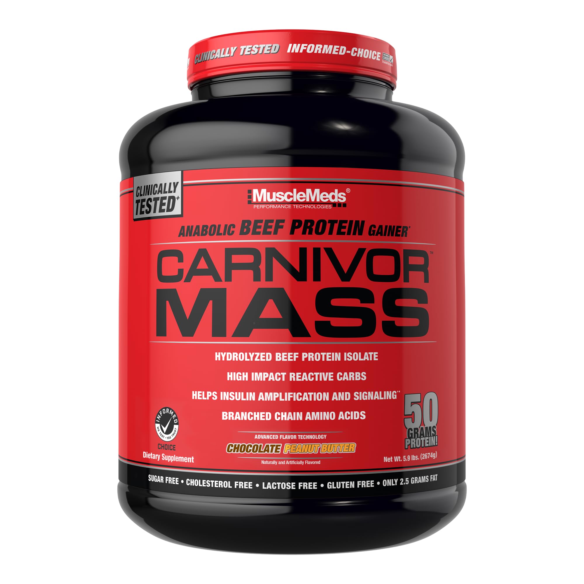 MuscleMeds CARNIVOR Mass Gainer Beef Protein Isolate Shake, 50 Grams Protein, 125 Grams Carbs, 0 Fat, 0 Sugar, Lactose Free, Halal Certified, Chocolate Peanut Butter, 6 Pound