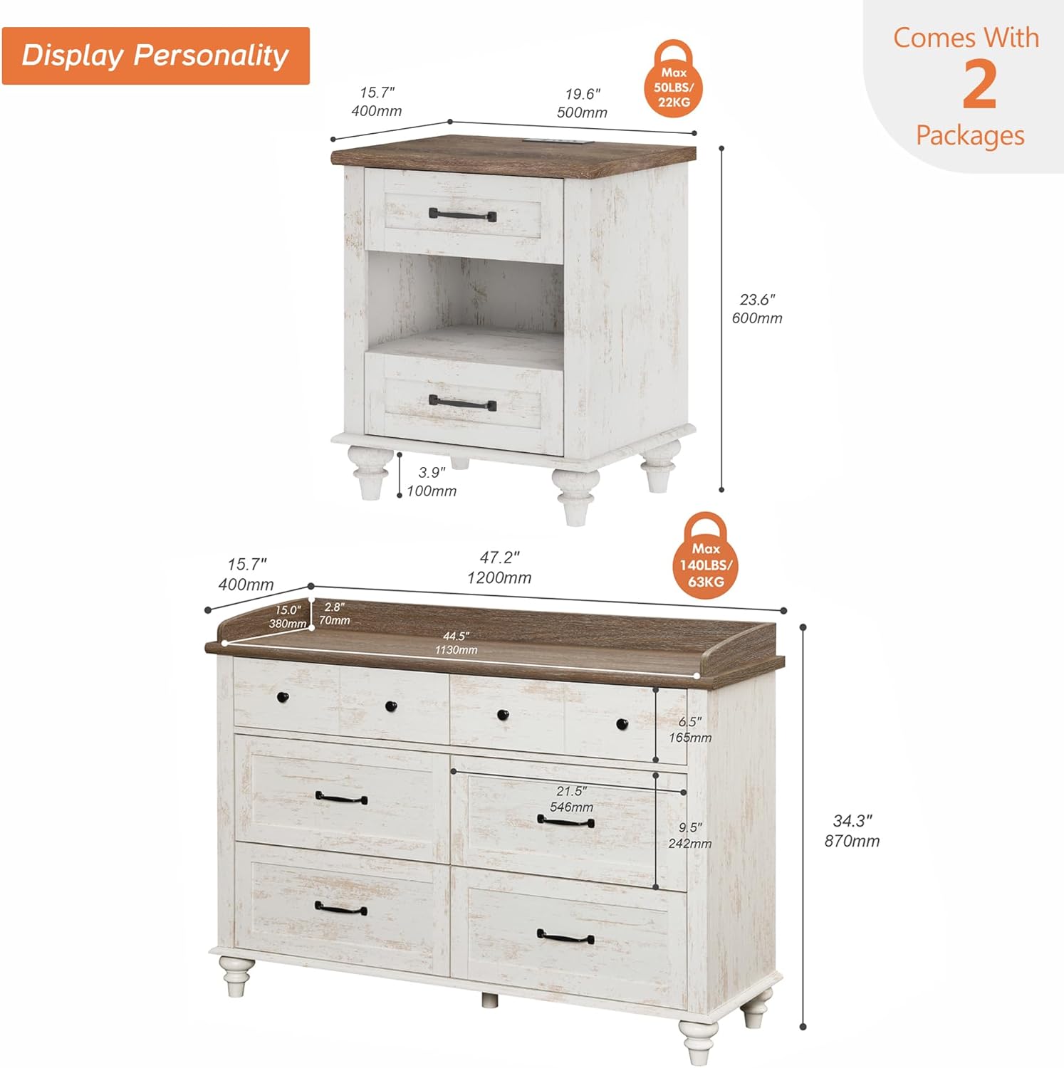 WAMPAT 2 Piece Bedroom Set - Includes 6 Drawer Dresser for Bedroom, Farmhouse Nightstand with Charging Station & Drawers & Cubby, 2 Piece Dresser and Nightstand Sets, Antique White