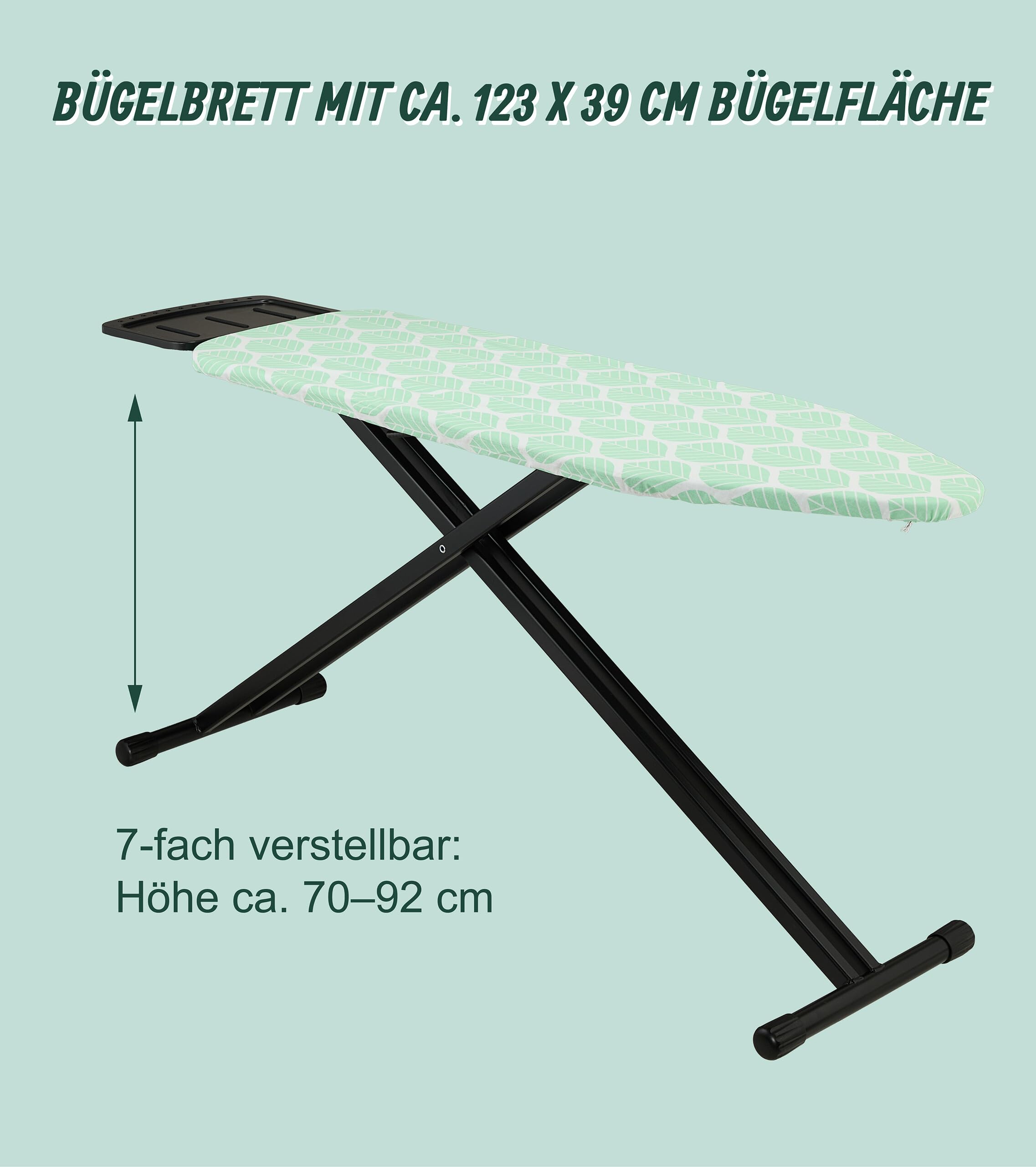 Relaxdays Bügelbrett für Dampfbügeleisen, 123 x 39 cm, höhenverstellbar, klappbar, Ablage, Bügeltisch, grün/schwarz