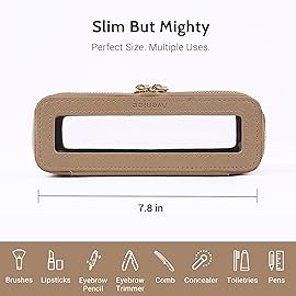 Aveniee Clear Makeup Brush Bag, Slim Cosmetic Brush Holder, Small Travel Toiletry Bag for Women, Thin Make up Bags with Dual Zipper, Mini Travel Essentials Organizer - Taupe