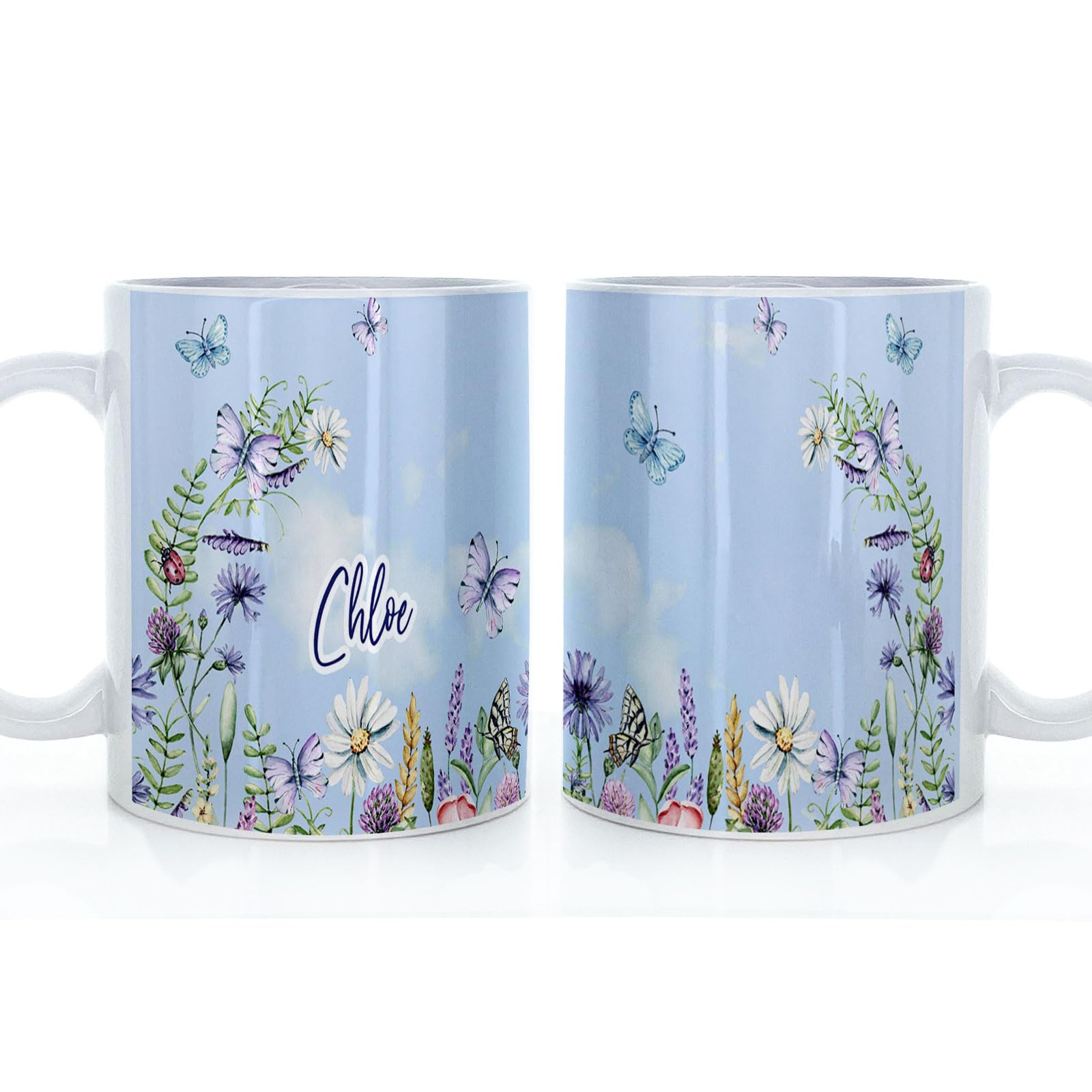 Personalised Mug and Belgian Milk Chocolate/Hot Chocolate Stirrer Marshmallow Gift Set, Cup Customised with Name, (11oz) White, Yellow, Blue, Black, Pink Mug with Blue Sky Flowers and Butterflies โ image 1