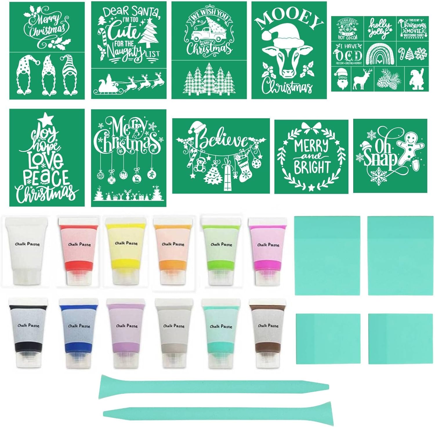 DGAGA 28 PCS Silk Screen Stencils and Chalk Paste Set Christmas Mesh Transfers Chalk Ink Xmas Reusable Self Adhesive Silk Screen Printing Stencil for Painting on Wood,Christmas Tree Sign Home Decor
