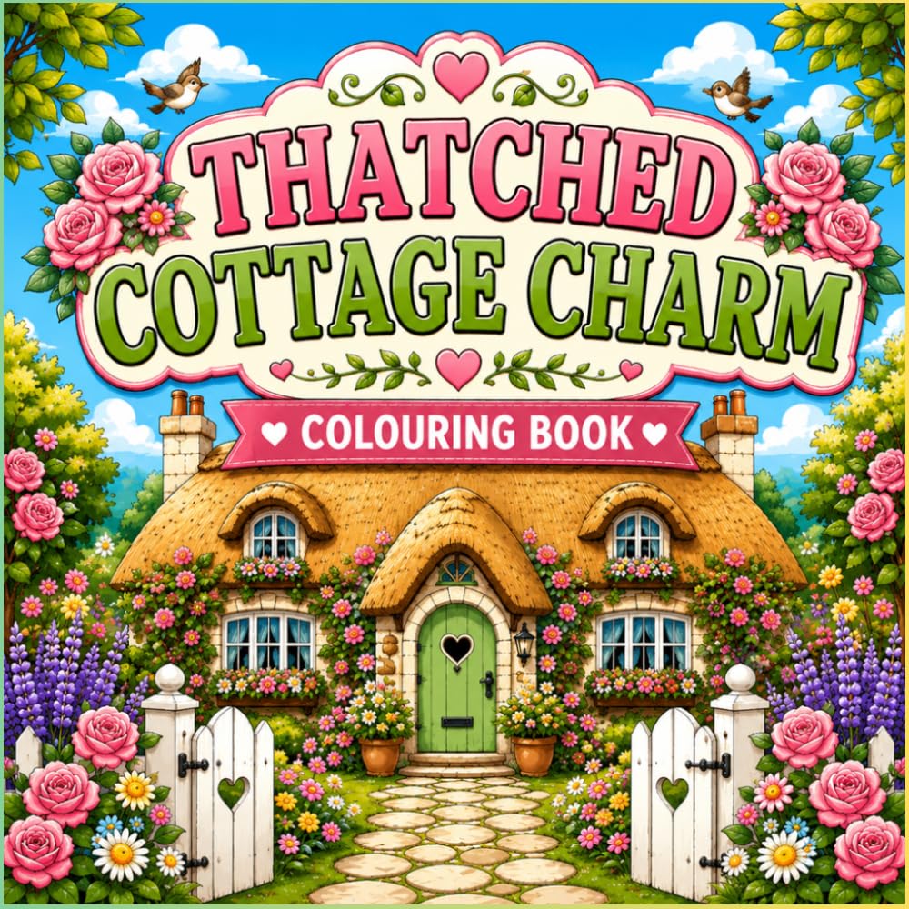 Thatched Cottage Charm Colouring Book for Adults and Kids: Cosy English Country Homes, Blooming Gardens and Relaxing Countryside Scenes
