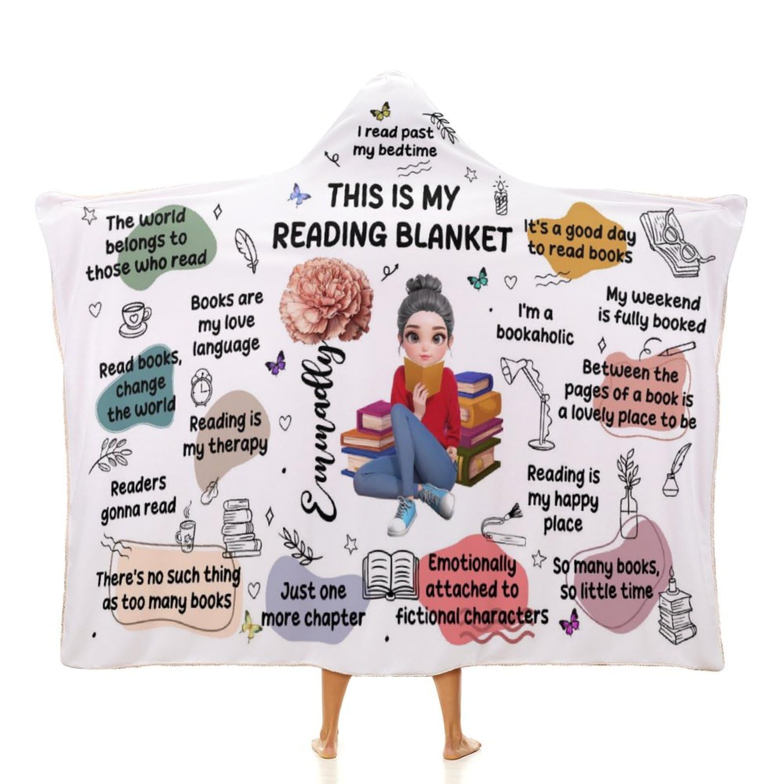NOONATIVE This Is My Reading Hooded Blanket,Custom Reading Book Wearable Throw Blanket with Birth Flower Name Portrait,Gift for Book Lovers Women Readers Bookworms Librarians