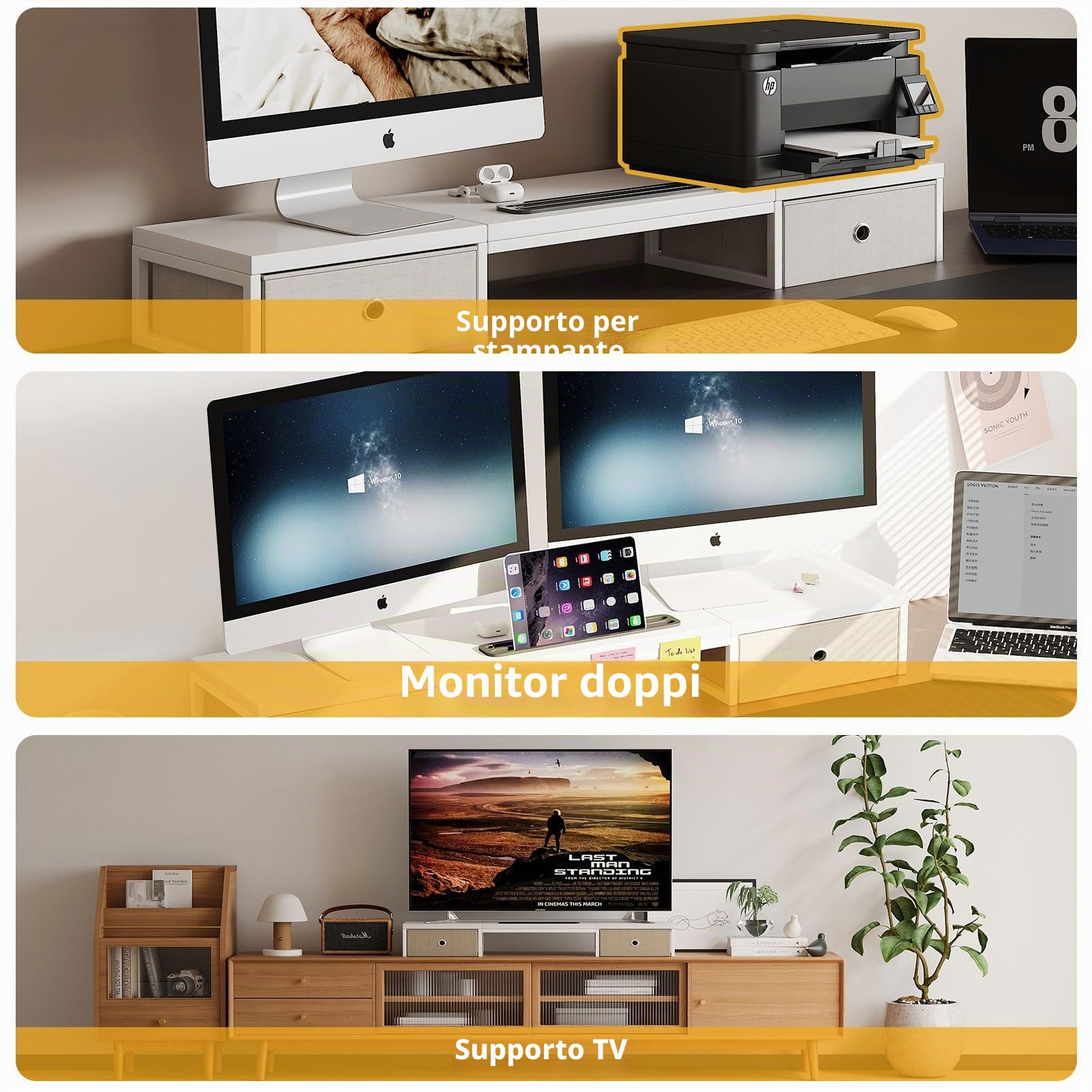 Supporto per monitor a doppio monitor con 2 cassetti, grande supporto per computer, organizzatore desktop in legno, perfetto per scrivania domestica, computer, laptop, TV