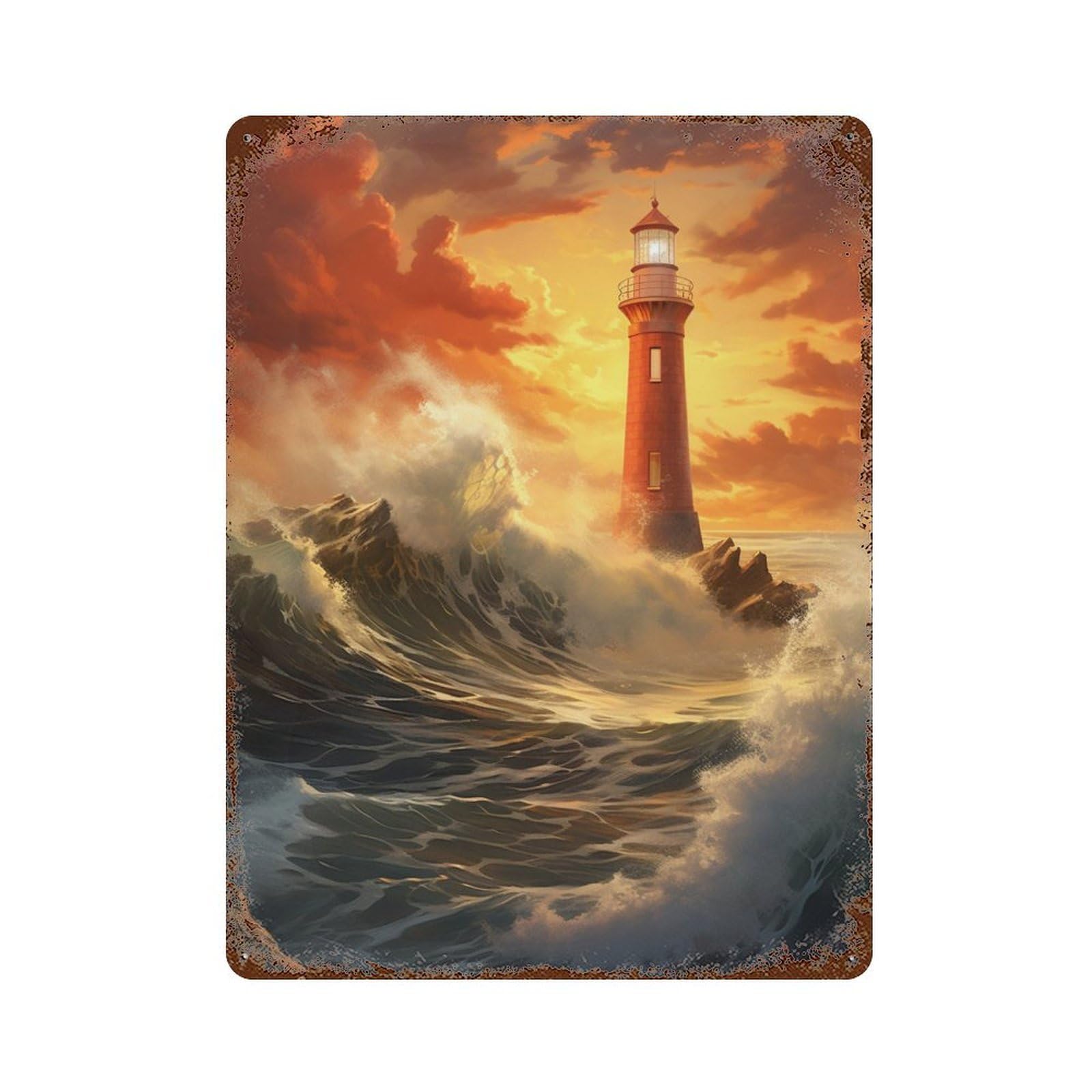 Vintage Rust Metal Sign with Lighthouse in Stormy Seas Design 15.7"x11.8", for Office, Studio And Wall Decor, Farmhouse Wall Decor