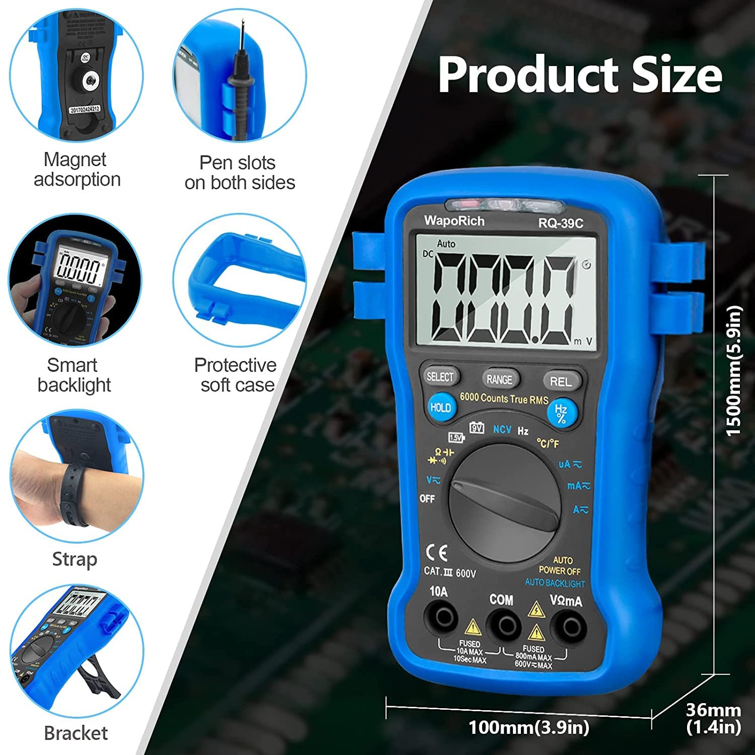 WapoRich RQ-39C Digital Multimeter showing dimensions and features like magnet, pen slots, and protective case.