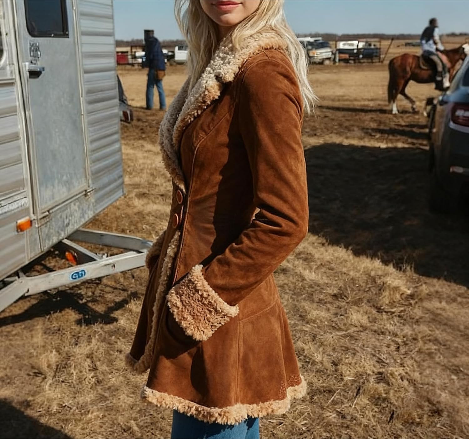 Ru Sweet Women's Faux Suede Sherpa Lined Jacket Fleece Notch Lapel Jackets Winter Coats