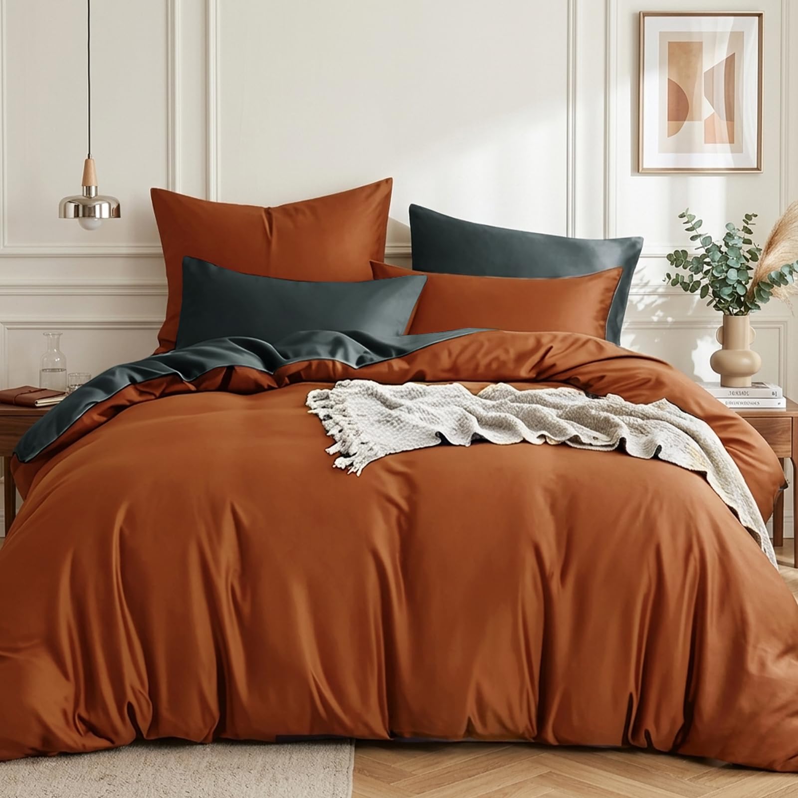 RUIKASI Bettwäsche 200x220 Baumwolle Orange - Bettwäsche-Sets 200x220cm 3teilig Wendebettwäsche 3tlg mit Reißverschluss, zweifarbige Bettbezug Set Orange und Grau Cotton