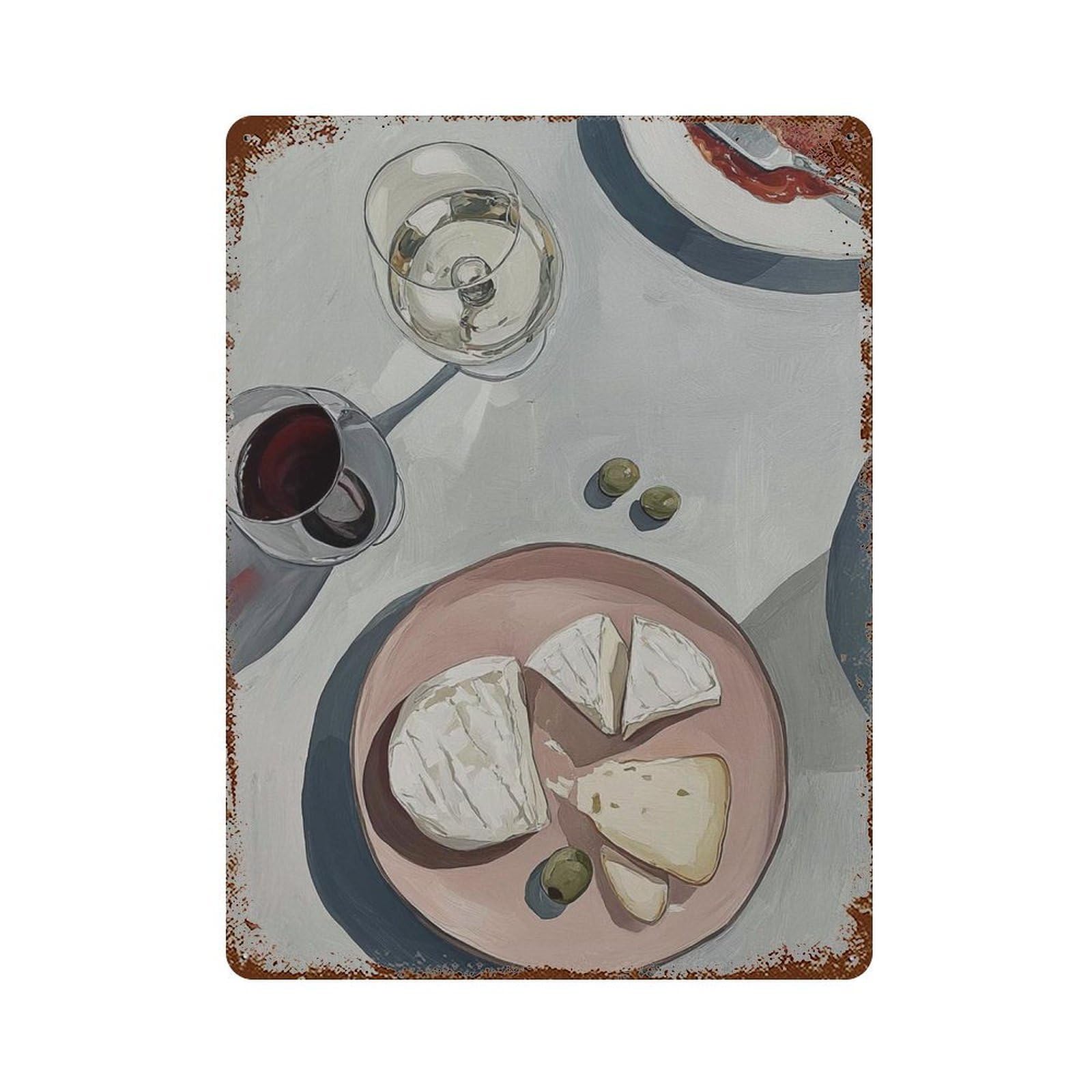 xiaoxiaoshen Cheese And Wine Modern Still Life Minimalist Dining Mediterranean Kitchen Elegan Wall Decor Art Metal Tin Poster Modern Home Decor Art Home Bar Shop Decorations Vintage Sign 40x30cm