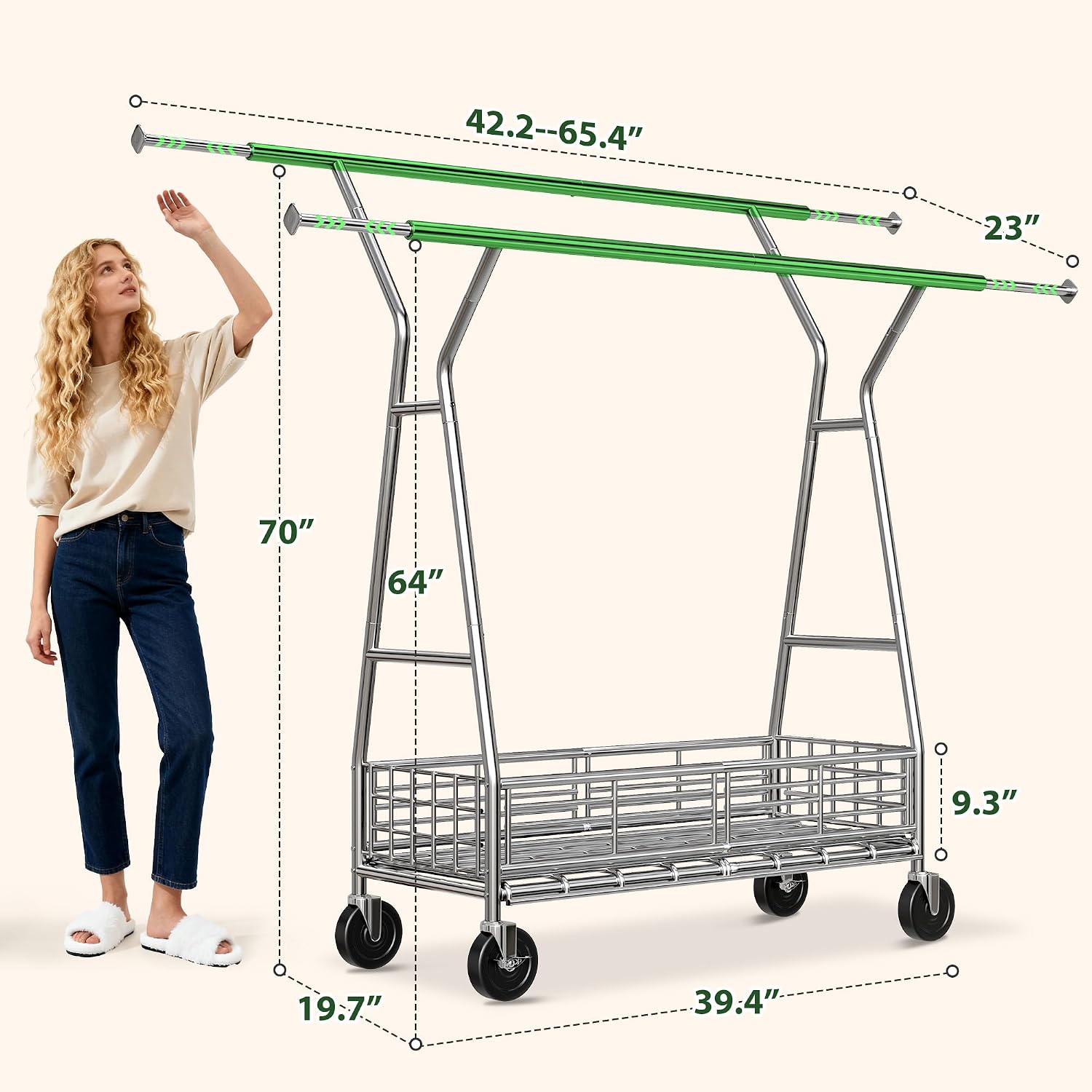 Raybee Clothes Rack, Extra Clothing Storage Organize, Y-Frame & Deep Basket | Heavy Duty, Large Capacity, Expandable Rods, Reinforced Deep Storage Basket, 360° Rolling Lockable Wheels, Easy Assembly