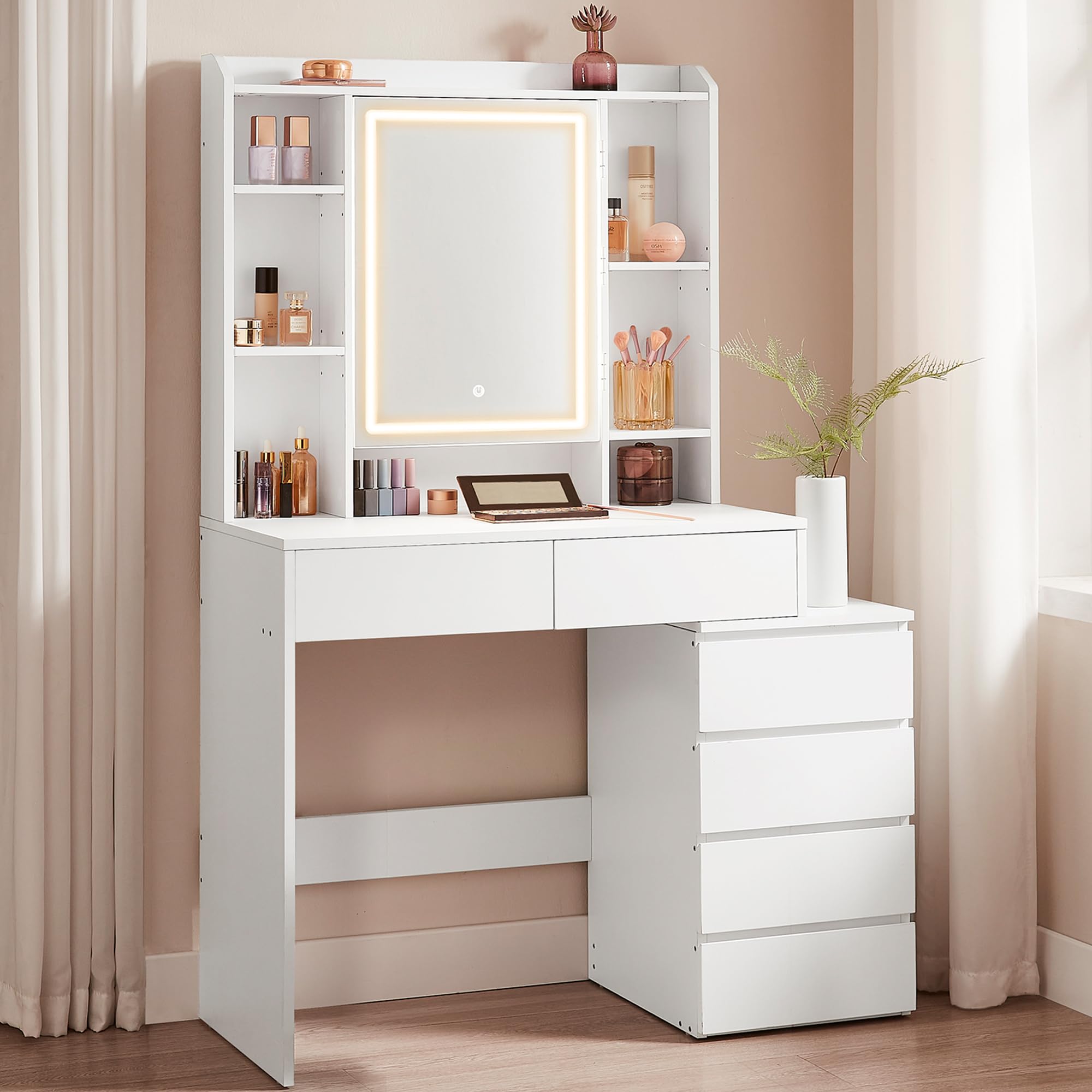 VASAGLE Kailyn Colección - Tocador con Luces LED de Brillo Ajustable, Mesa de Maquillaje con Espejo, 40 x 97,5 x 145 cm, Compartimentos Abiertos, Estantes Ajustable, Blanco Nube RDT124W01