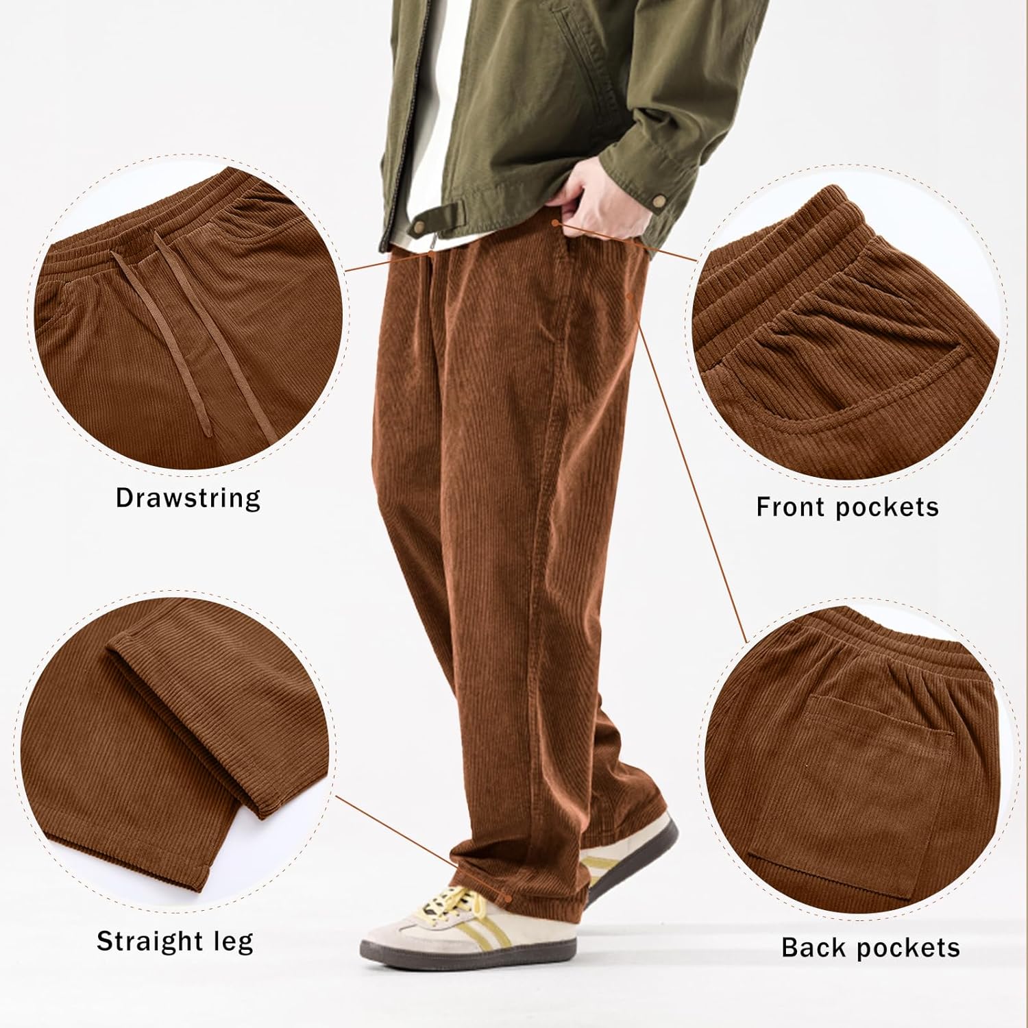 PLEPAN Mens Corduroy Pants Baggy Wide Leg Casual Elastic Waist Drawstring Loose Fit Sweatpants - Image 4