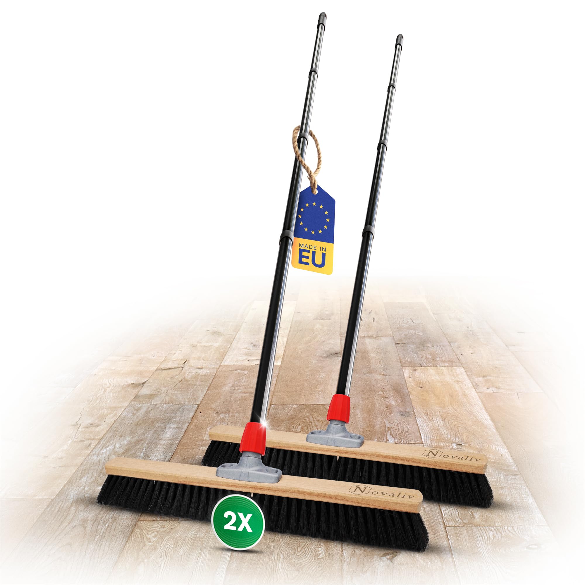 Novaliv Grosser Besen 2X Saalbesen 60 cm mit Stiel Borsten Kunstborsten Besen fein Ideal als Werkstattbesen mit Stiel Hallenbesen Industriebesen Hausbesen Kehrbesen Zimmerbesen Haarbesen Besen Groß