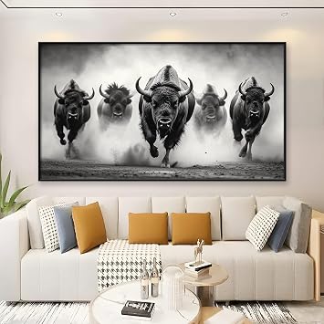 Running Bisons Canvas Wall Art, Bison Canvas Wall Art, Black and White Animals Canvas Wall Art, Bison Painting, Buffalo Poster, Wildlife Wall Decor, Wall Art for Living Room Bedroom Black Framed, 48"x27"|122x68cm