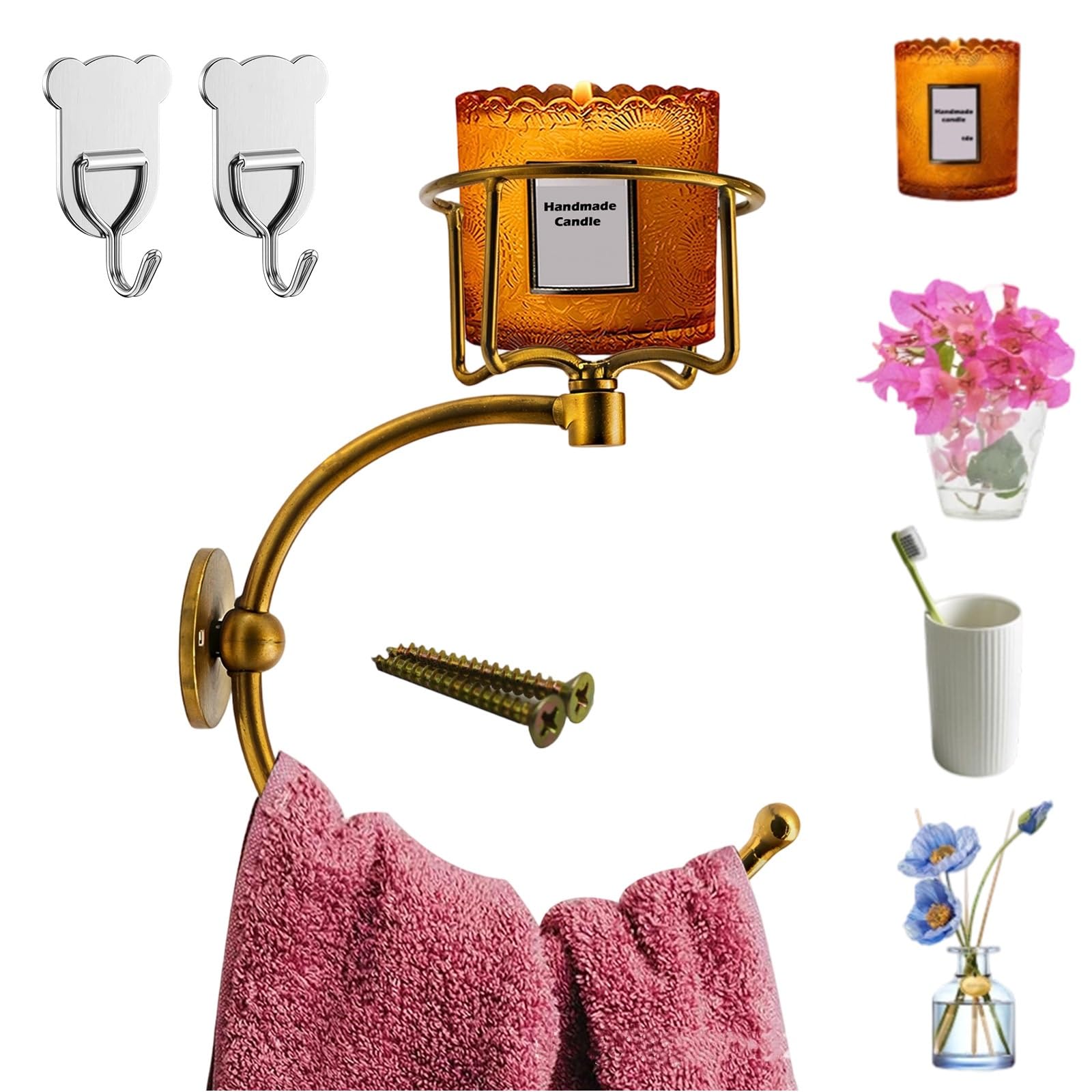 Liocwocne B Hand Towel Holder With Vintage Candle Holder For Wall, Wall Mounted Towel Storage, Antique Rushed Rass Towel Rack & Candle Holder, For Athroom Accessories And Decor(B)
