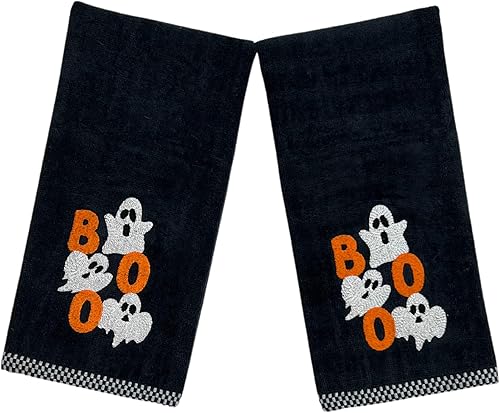 Miniatura 5 de Home Decor Toallas para los dedos de Halloween felpa negra bordada de algodón con diseño de telaraña fantasma y araña, juego de 2 piezas, 11 "x 18"