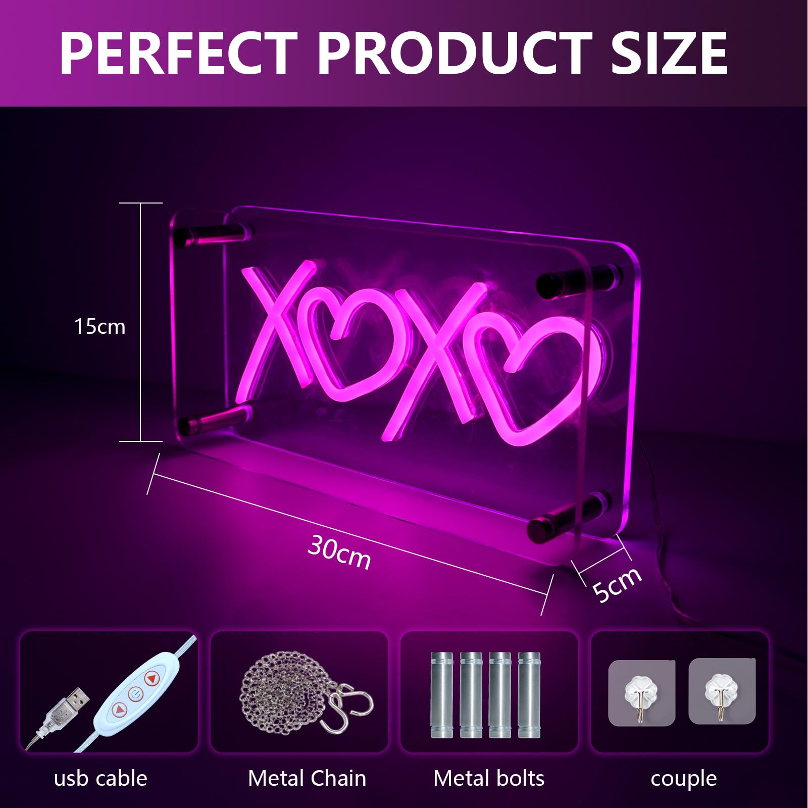 Targa Luminosa XOXO A LED – Doppio Strato Rosa Con Alimentazione USB, Dimmerabile A 10 Livelli, Perfetta Per Camera, Feste, Matrimoni E Bar