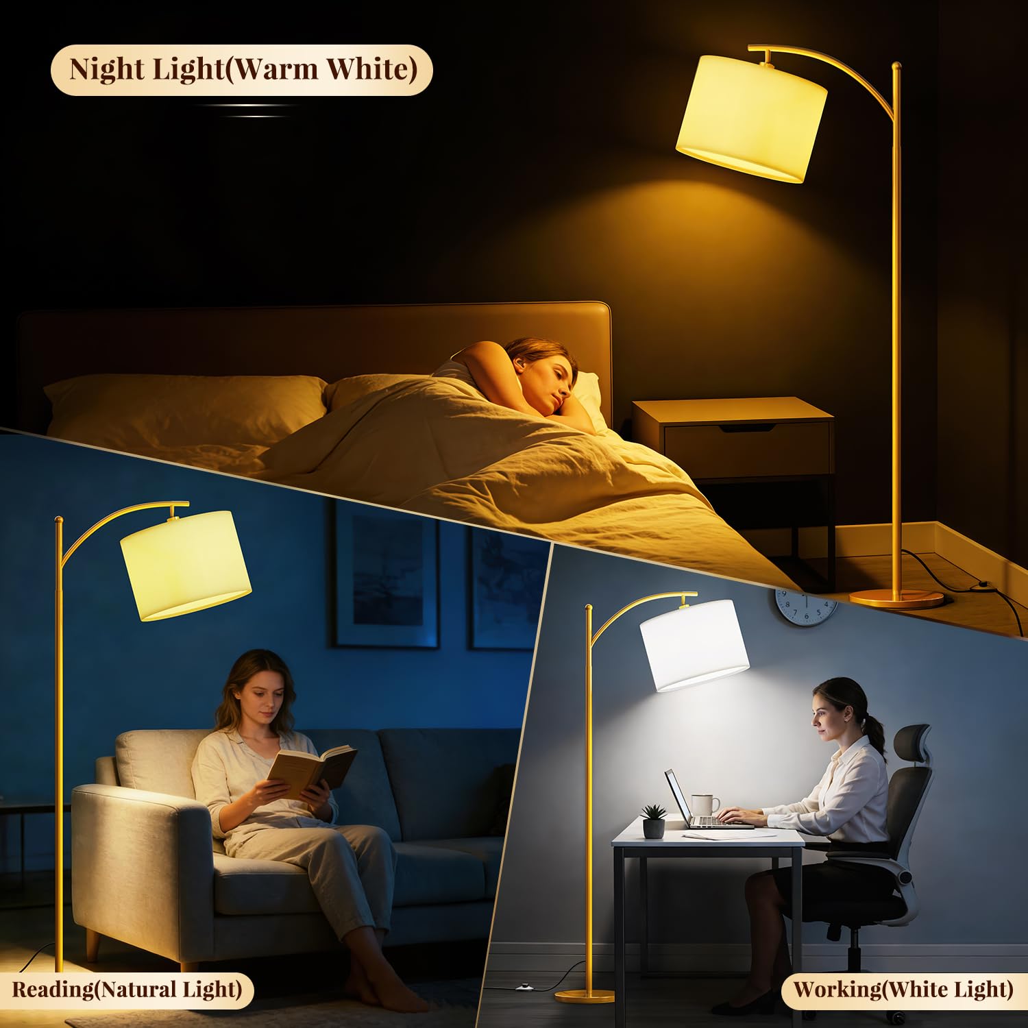 GLUROO Lampadaire Or avec Télécommande,Lampadaire sur Pied Salon avec 3 Couleurs Changeantes,Luminosité Continue,Lampe sur Pied avec Ampoule à Intensité Variable pour Chambre à Coucher,Bureau