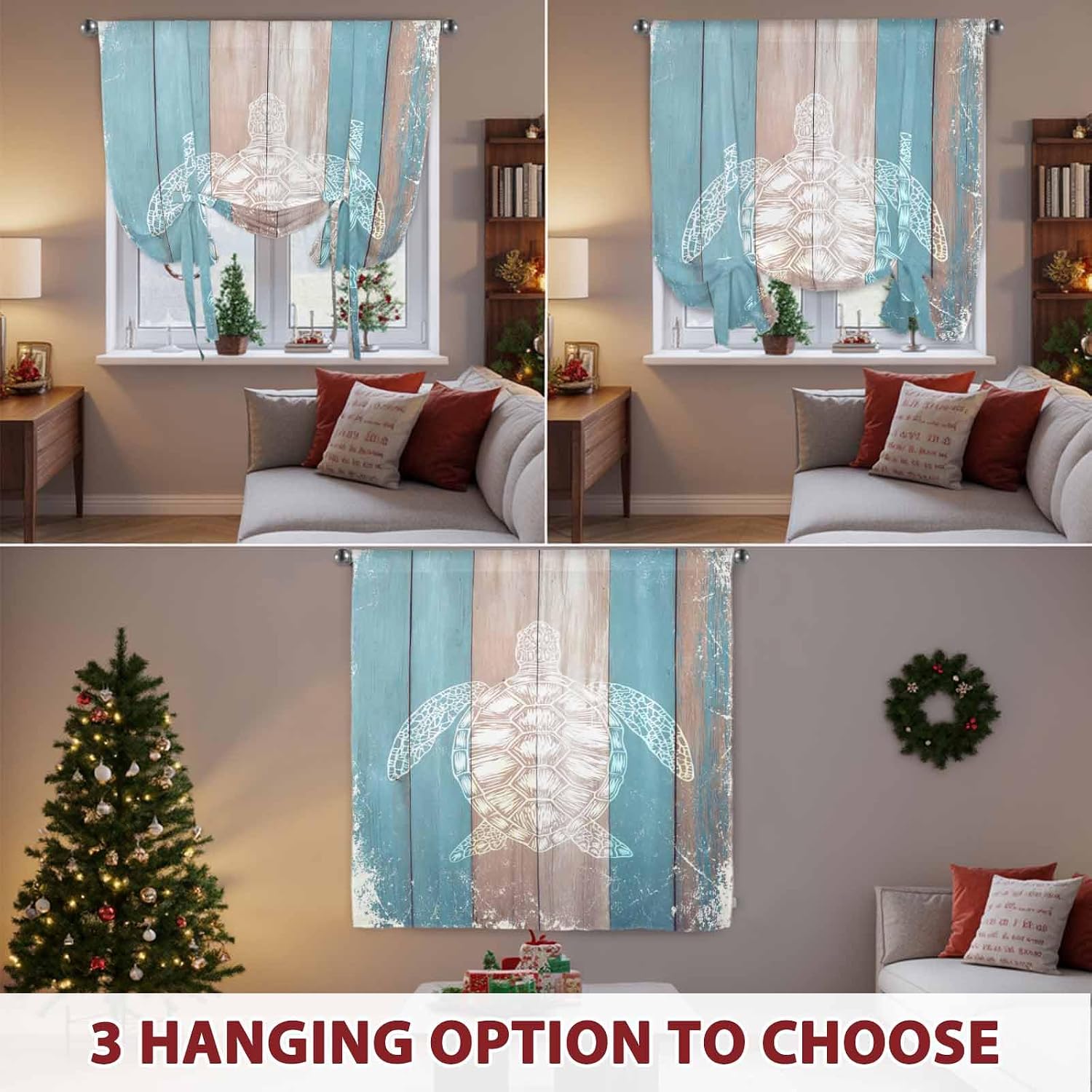 Vintage Sea Turtle Tie Up Curtains for Windows 63 Inch Length Balloon Curtains Kitchen Adjustable Balloon Window Shade Retro Wood Nautical Summer Beach Tie Up Valance Bathroom Curtain Window 46"x63"