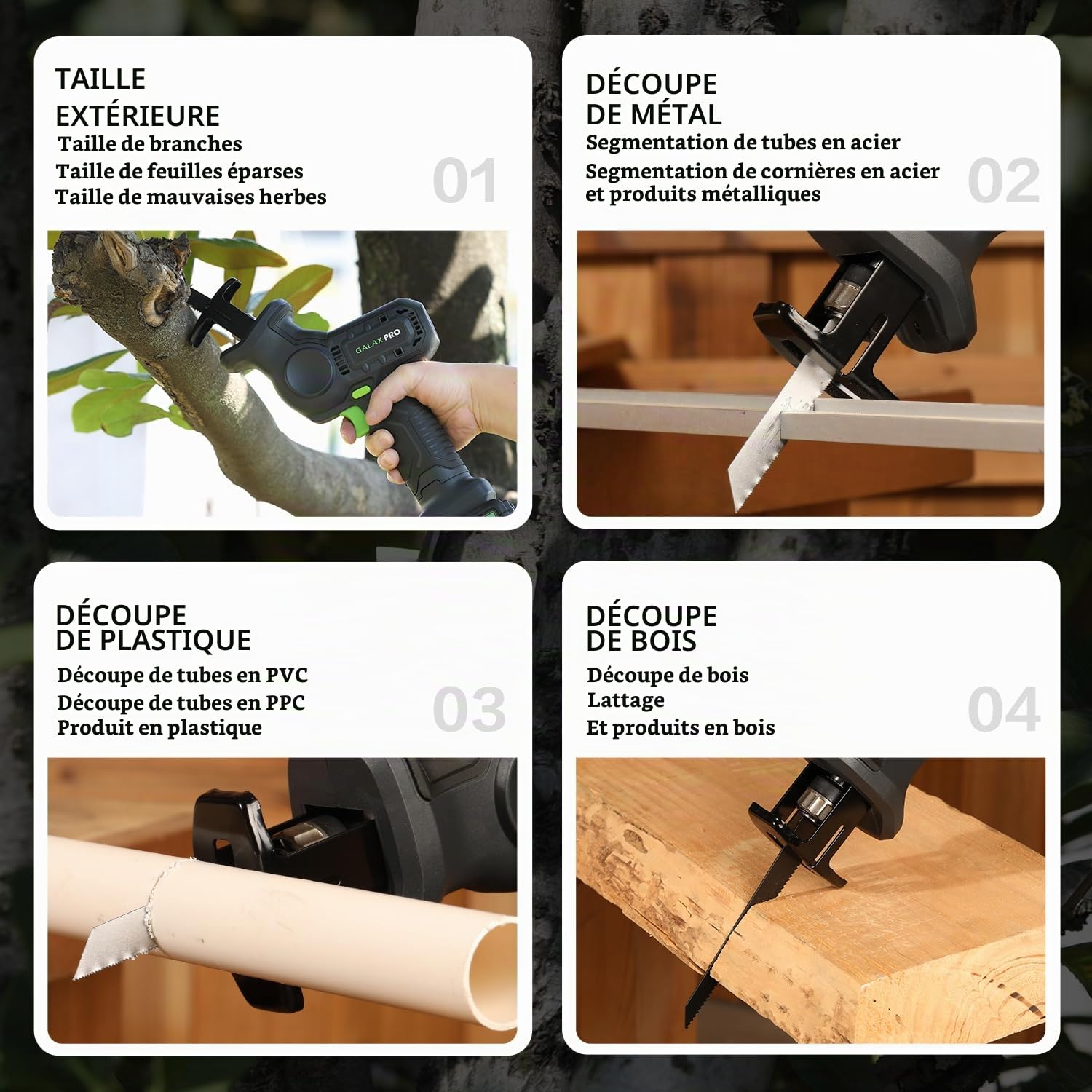 GALAX PRO Kit de Scies alternatives sans fil haute capacité 20 V 4,0 Ah – Comprend 2 lames de coupe en bois et 1 lame de coupe en métal pour un usage polyvalent de bricolage et professionnel