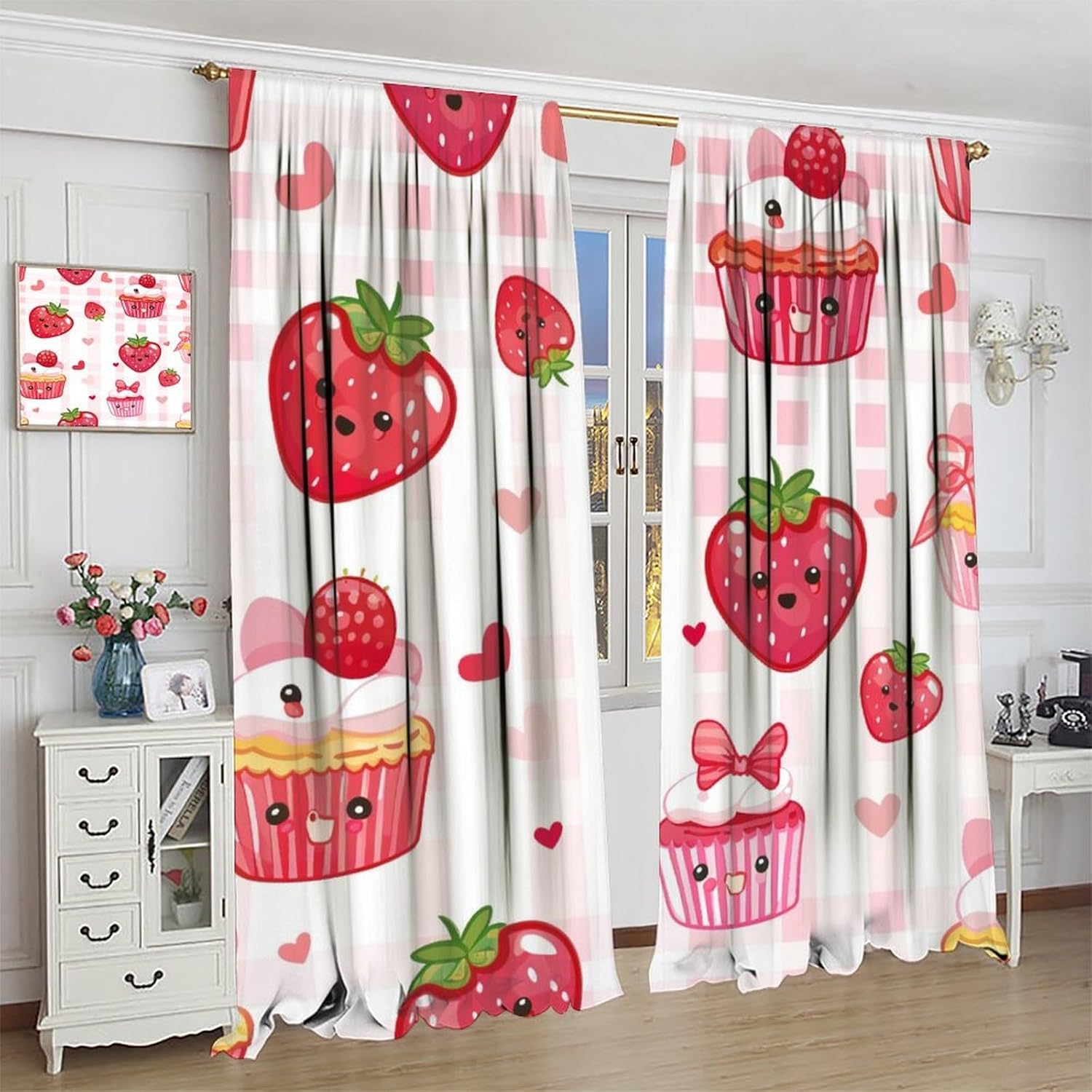 Cute Shortcake Blackout Curtains for Bedroom Living Room, Rod Pocket Strawberry Heart Gingham Curtains Thermal Insulated Window Drapes 2 Panels, Each 21W x 45L