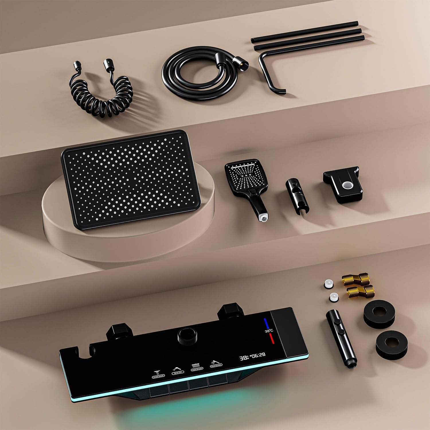 YJYAJIE Colonna Doccia con Miscelatore, Set Doccia Quadrato con Display a LED, Soffione Doccia Grande 31x20cm, Doccetta a 3 Funzioni, Getto Concentrato e Rubinetto per Vasca, Nera