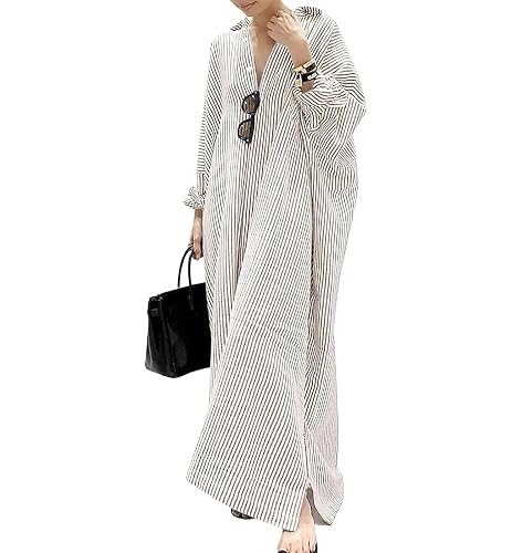 ebossy Women's Oversized Boho Striped Shirt Dress Button Up Long