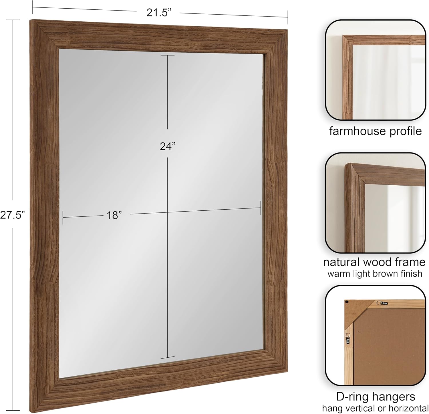 Kate and Laurel Travon Traditional Wood Framed Rectangle Bathroom Vanity Mirror, 22 x 28, Brown, Farmhouse Rectangular Bathroom Mirror for Over Sink or for Use as Entryway or Living Room Decor