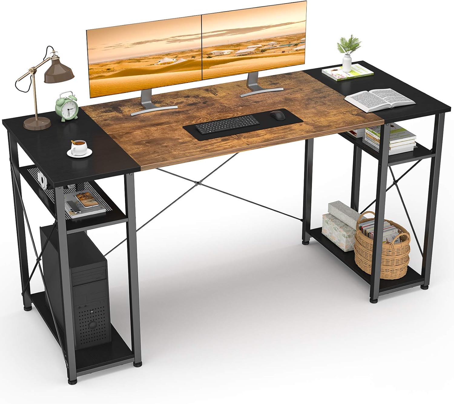 Ecoprsio Home Office Computer Desk, 40 Inch Small Writing Desk Table with Storage Shelves, 2-Tier Simple PC Gaming Desk for Home, Rustic and Black: Kitchen & Dining