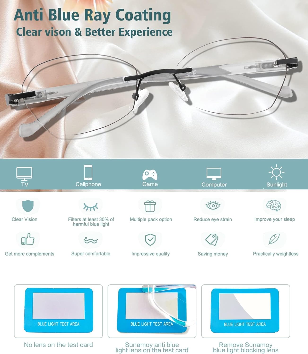 Multifocus Reading Glasses Women Progressive Multifocal No Line Bifocal Rimless Reader Blue Light Computer Eyeglasses - Image 6
