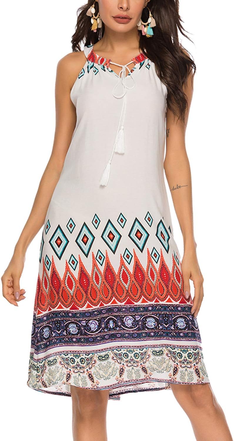 Lu's Chic Women's Halter Dresses Boho Sleeveless Lace Up Casual Swing Beach Midi Dress White US S (Tag M)