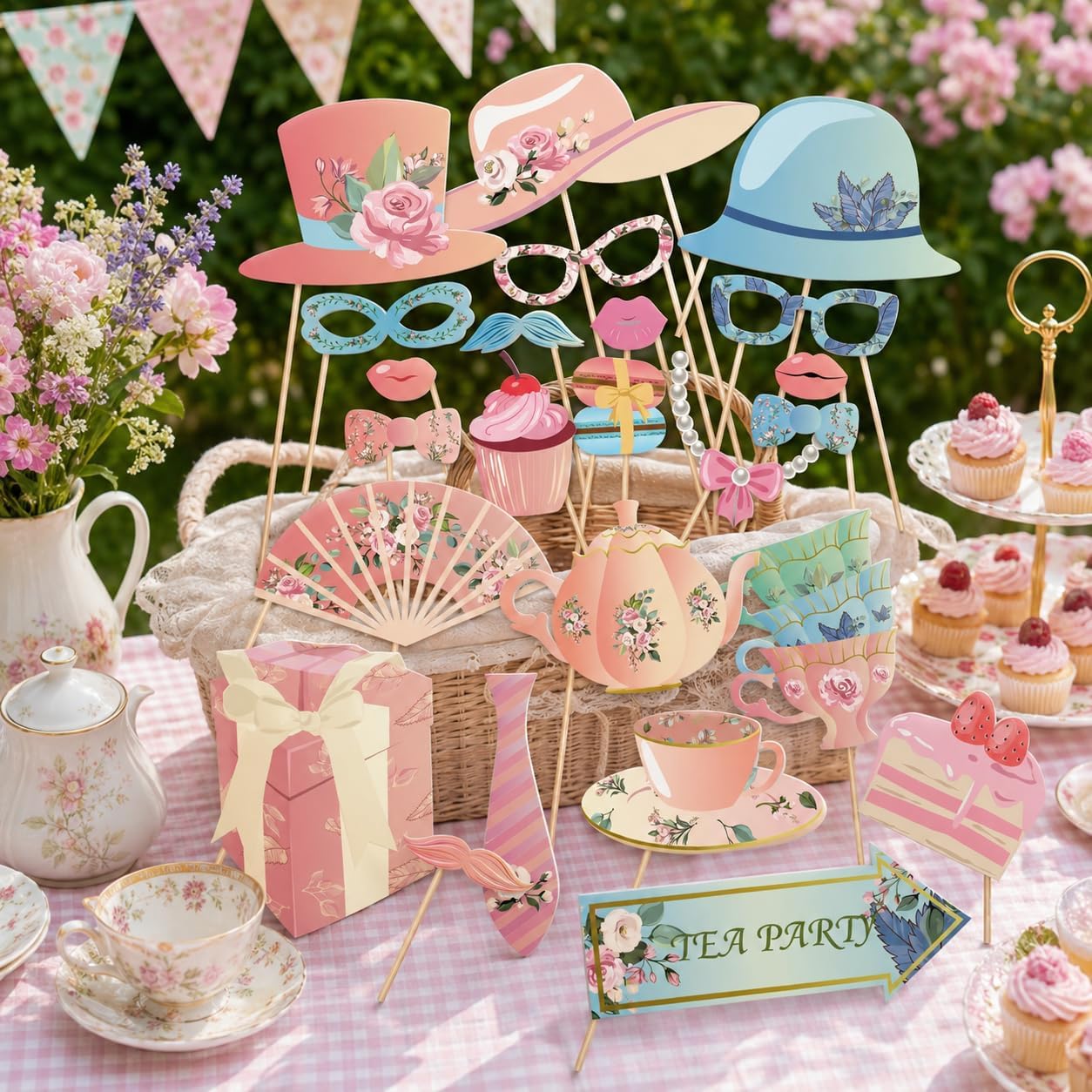 25Pcs Tea Party Photo Booth Props Kit DIY Teacup,Teapot Theme Selfie Props Garden Decorations Tea Party Decor for Girl Women Birthday Home Decor