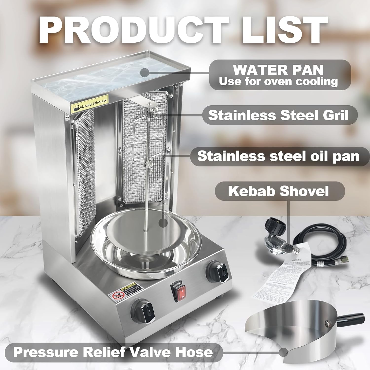 Shawarma Grill Machine Gas Vertical Rotisserie with 2 Burners, Propane Doner Kebab Oven 13 lbs Capacity, Gyro Meat Broiler Machine with Shovel, 110V