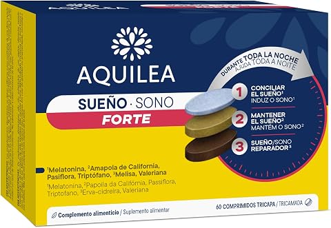 AQUILEA | Sueño Forte | Descanso | 60 comprimidos - Tecnología Tricapa | Sin Gluten, Sin Lactosa, Sin azúcar añadido | Pasiflora, Amapola de California, Valeriana y Melisa | Vitamina D y Vitamina B6
